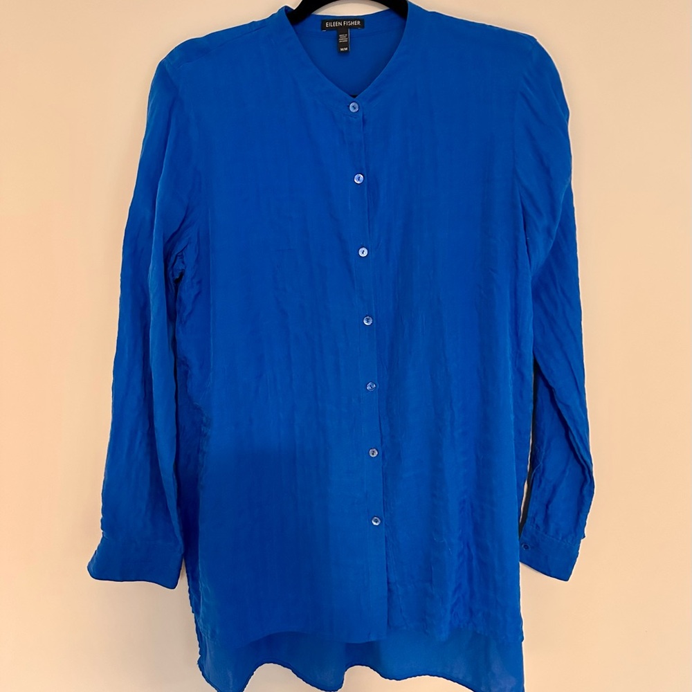 Eileen Fisher Textured Mandarin Collar Silk & Cotton Blouse sz M